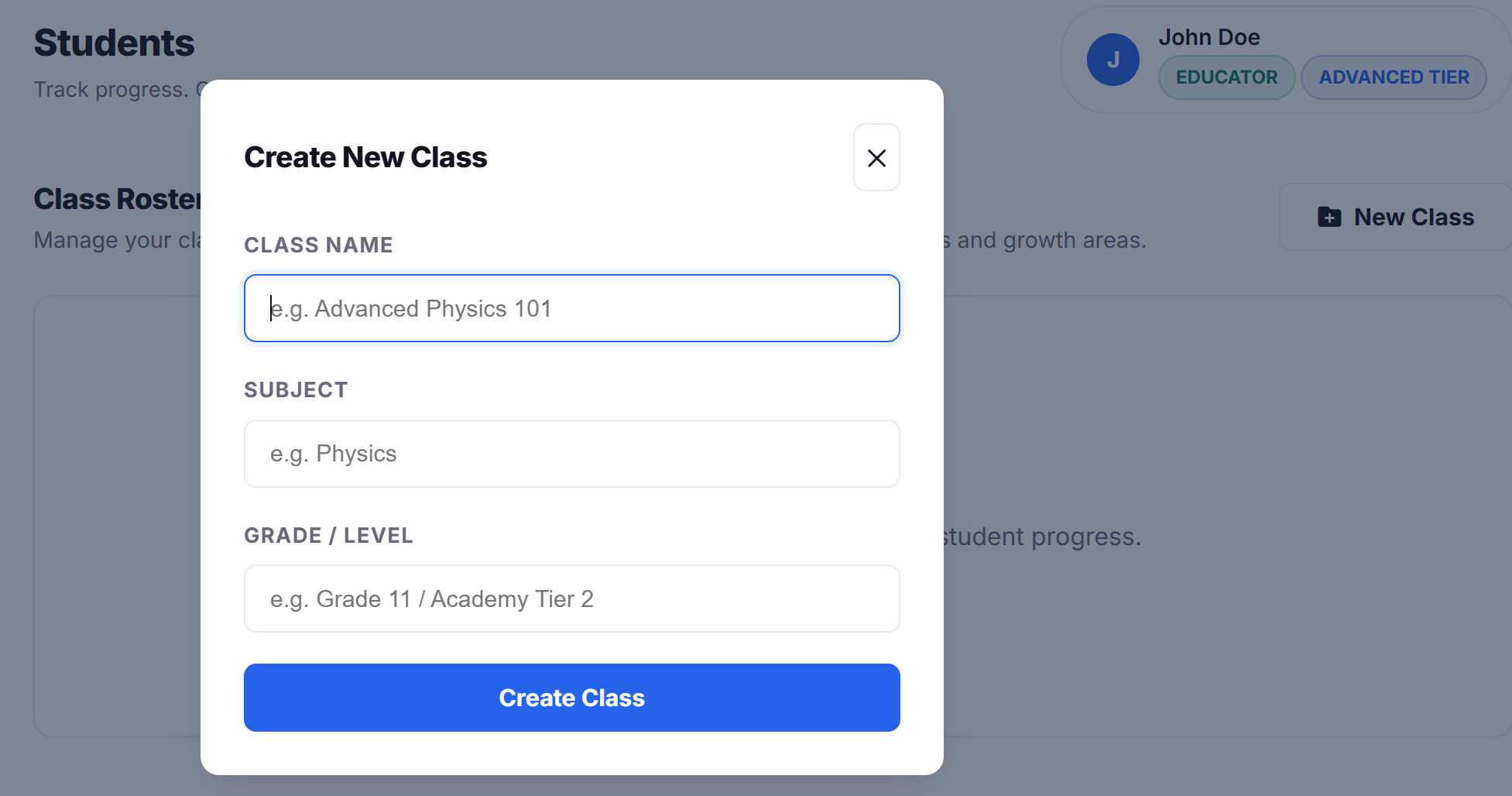 Real ClassLedger Create New Class dialog with fields for class name, subject, and grade level