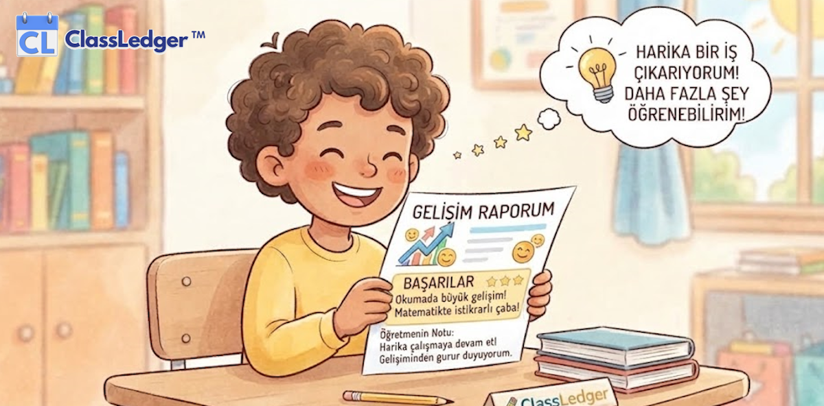 Başarıları ve öğretmenin teşvik edici bir notunu listeleyen kendi ilerleme raporunu okurken gülümseyen genç bir öğrenci.