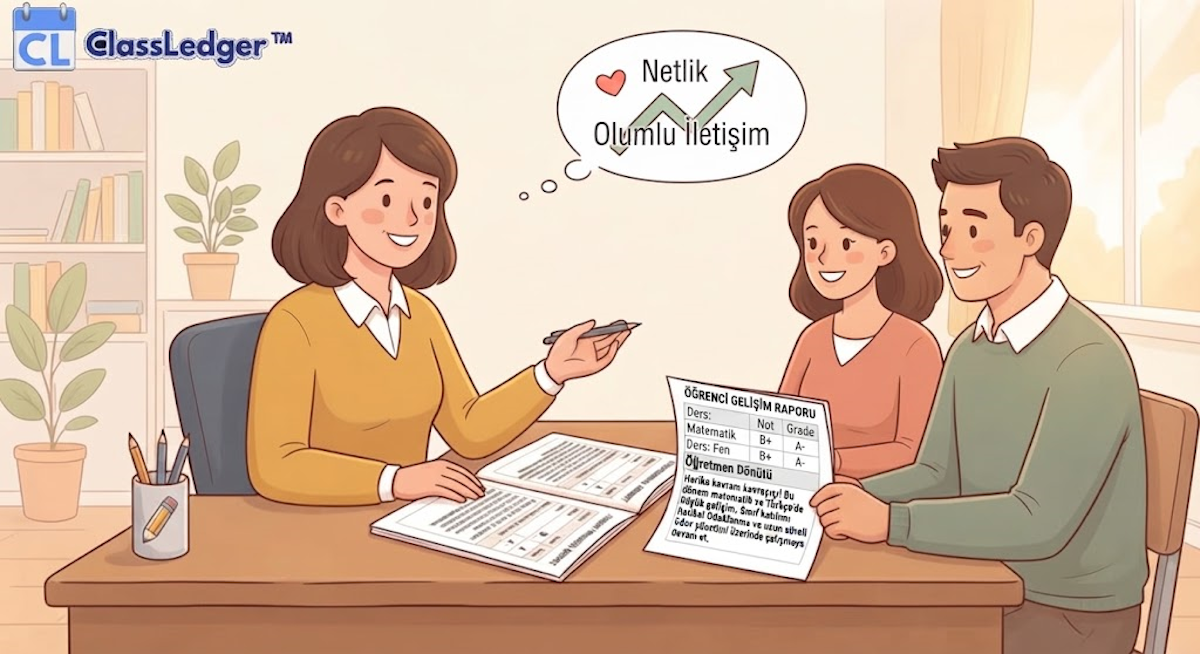 Bir öğretmen, iki ebeveynle birlikte bir öğrenci ilerleme raporunu inceliyor ve harf notlarının yanında somut anlatı geri bildirimini gösteriyor.